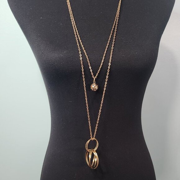DOUBLE Layer Gold Chain Necklace With Hoop Detail - Picture 2 of 7